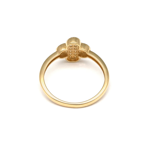 Anillo diseño especial motivo flor con circonias en oro amarillo 14 kilates.