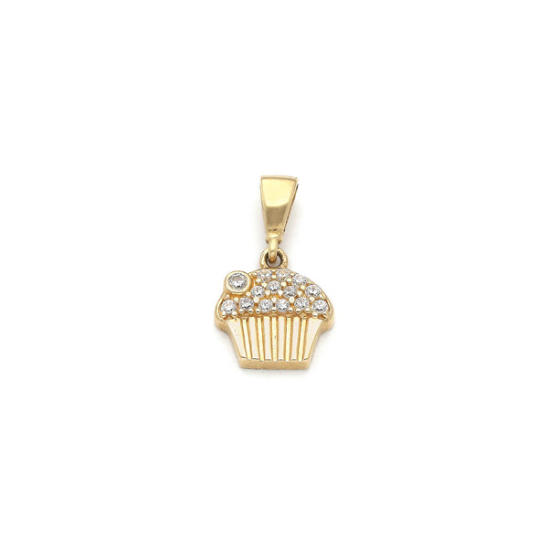 Dije diseño especial motivo panqué con circonias en oro amarillo 14 kilates.