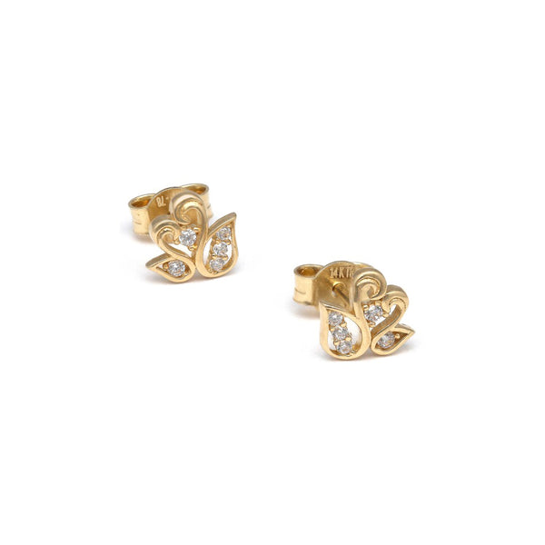 Aretes diseño especial motivo cisnes con circonia en oro amarillo 14 kilates.