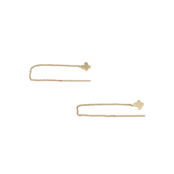 Aretes diseño especial con colgantes motivo mariposa en oro amarillo 14 kilates.