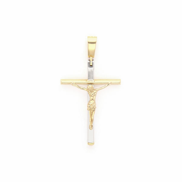 Crucifijo liso en oro dos tonos 14 kilates.