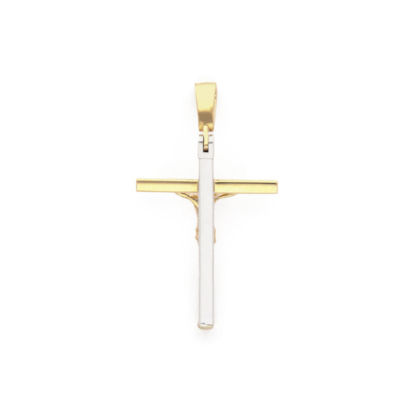 Crucifijo liso en oro dos tonos 14 kilates.