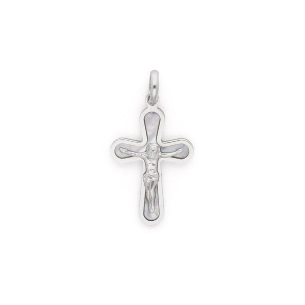 Crucifijo liso con madre perla en oro blanco 14 kilates.