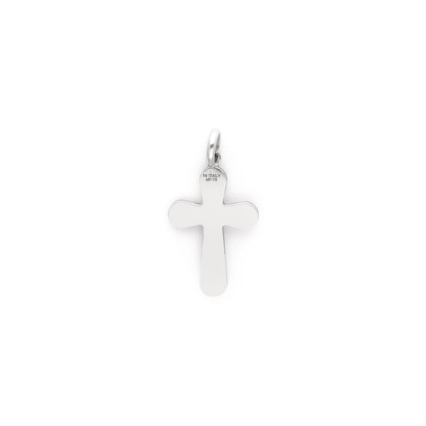 Crucifijo liso con madre perla en oro blanco 14 kilates.