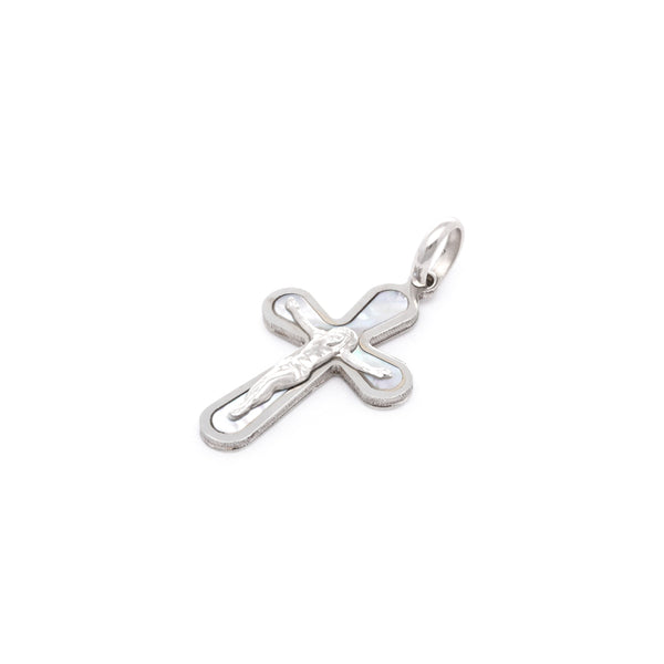 Crucifijo liso con madre perla en oro blanco 14 kilates.