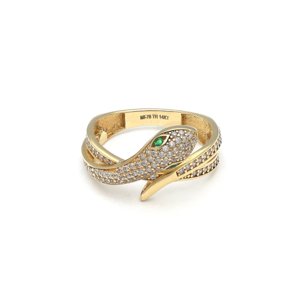 Anillo diseño especial motivo víbora con sintéticos en oro amarillo 14 kilates.