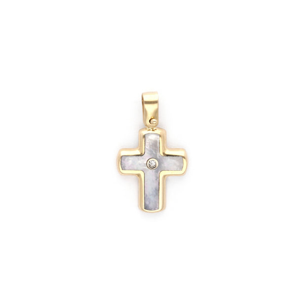 Cruz diseño especial con madre perla y circonia en oro amarillo 14 kilates.