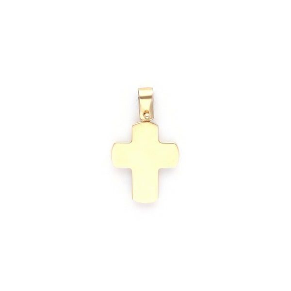 Cruz diseño especial con madre perla y circonia en oro amarillo 14 kilates.