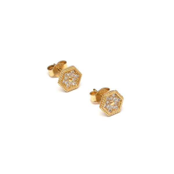 Aretes diseño especial motivo hexágono con circonias en oro amarillo 14 kilates.