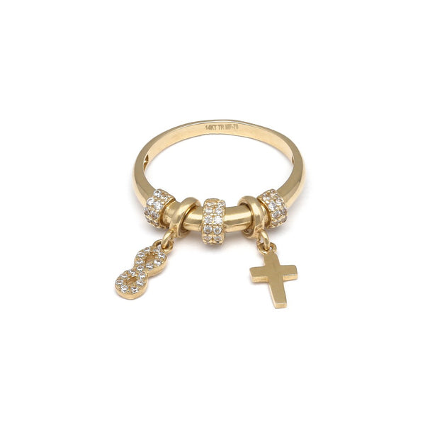 Anillo diseño especial con colgantes y circonias en oro amarillo 14 kilates.