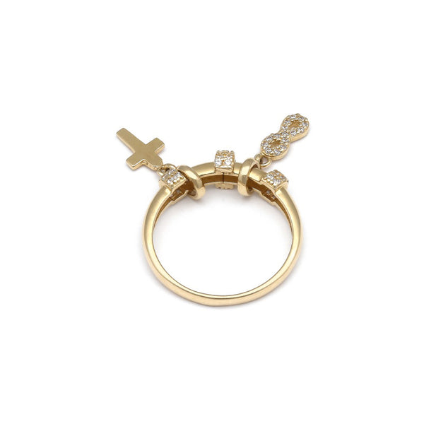 Anillo diseño especial con colgantes y circonias en oro amarillo 14 kilates.