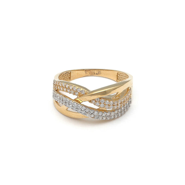 Anillo diseño especial con circonias en oro amarillo 14 kilates.