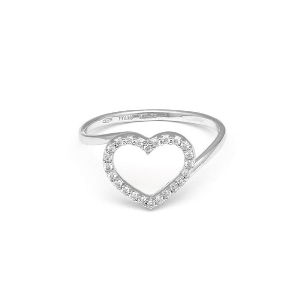 Anillo ondulado motivo corazón con sintéticos en oro blanco 14 kilates.