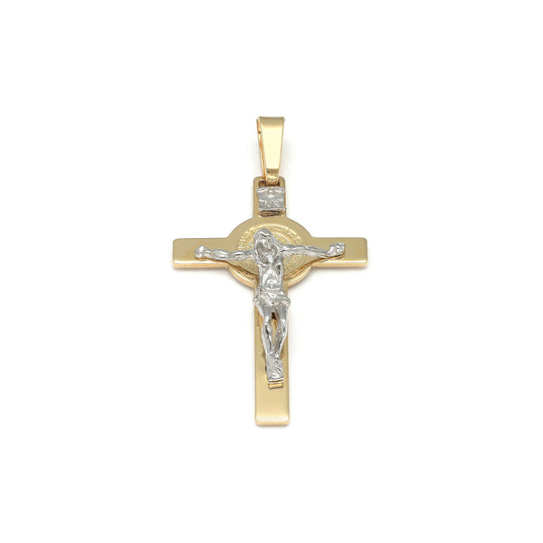 Crucifijo diseño especial en oro dos tonos 14 kilates.