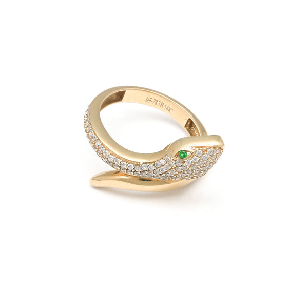 Anillo diseño especial motivo serpiente con circonias en oro amarillo 14 kilates.