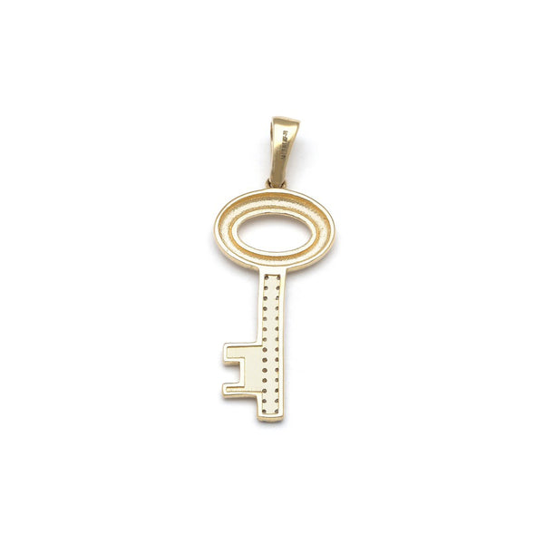 Dije diseño especial motivo llave con circonias en oro amarillo 14 kilates.