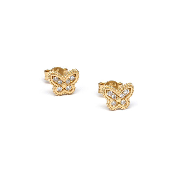 Aretes diseño especial motivo mariposa con circonias en oro amarillo 14 kilates.