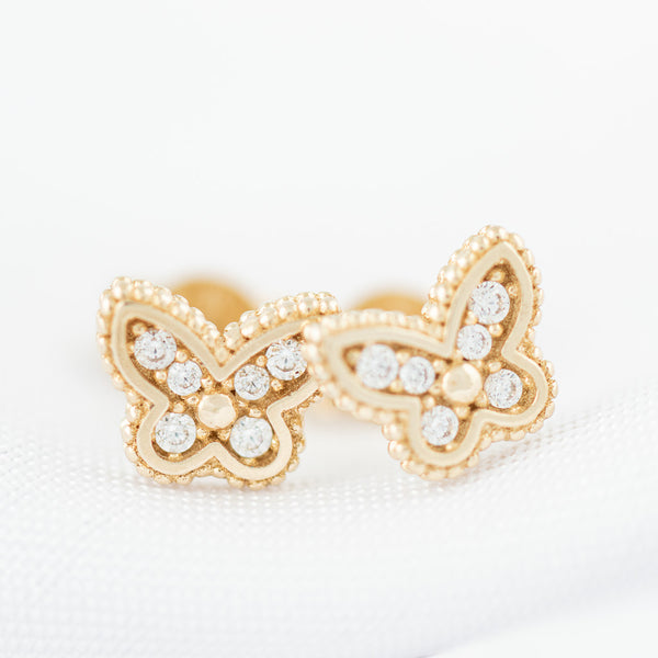 Aretes diseño especial motivo mariposa con circonias en oro amarillo 14 kilates.
