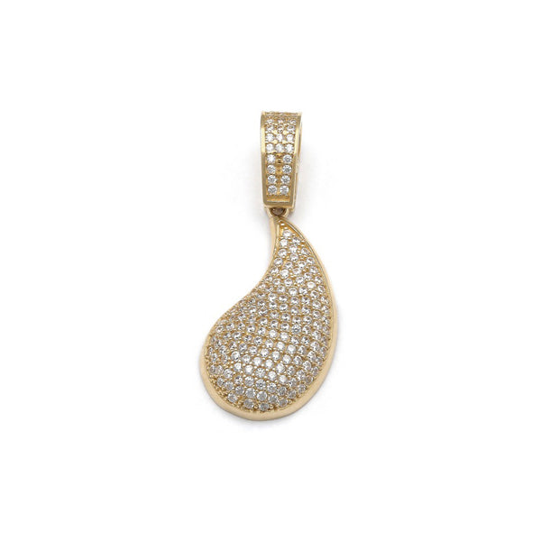 Dije diseño especial motivo gota con circonias en oro amarillo 14 kilates.