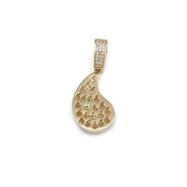 Dije diseño especial motivo gota con circonias en oro amarillo 14 kilates.