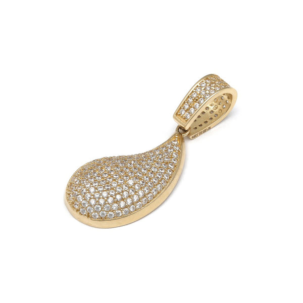 Dije diseño especial motivo gota con circonias en oro amarillo 14 kilates.
