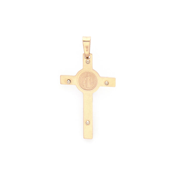 Crucifijo de San Benito liso en oro dos tonos 14 kilates.