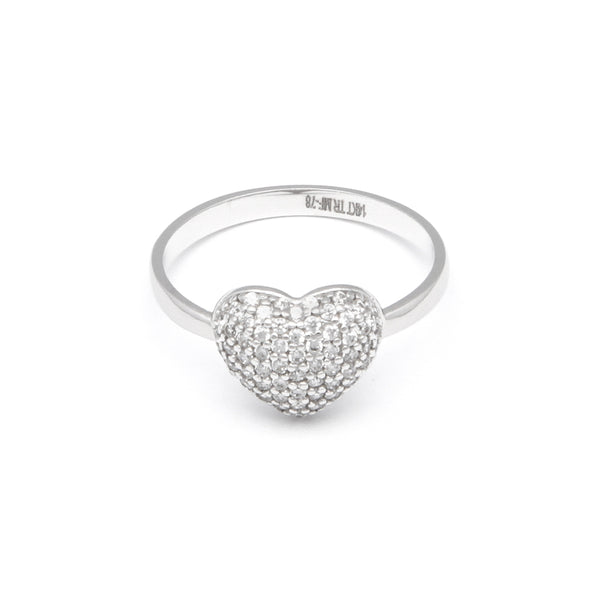 Anillo diseño especial motivo corazón con circonias en oro blanco 14 kilates.