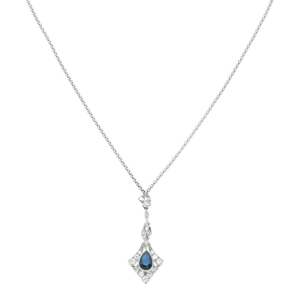 Gargantilla eslabón tejido con colgante de Platino con diamantes y zafiros en oro blanco 14 kilates.