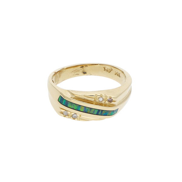Anillo estilizado con ópalo y sintéticos en oro amarillo 14 kilates.