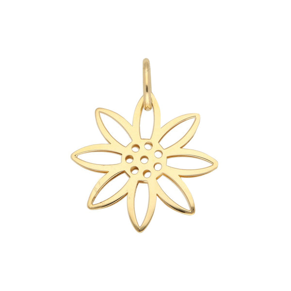 Dije hueco motivo flor en oro amarillo 18 kilates.