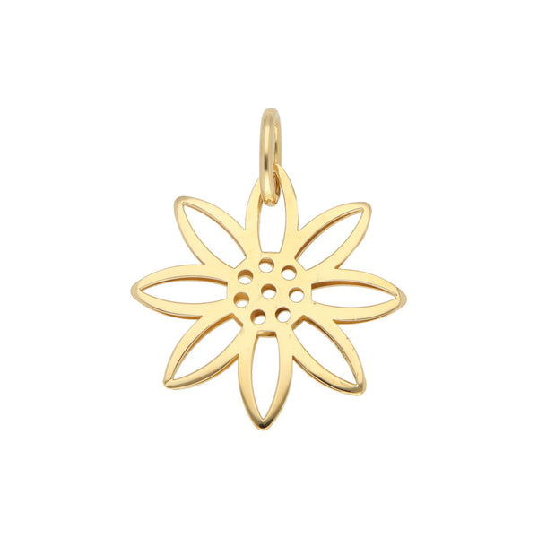 Dije hueco motivo flor en oro amarillo 18 kilates.