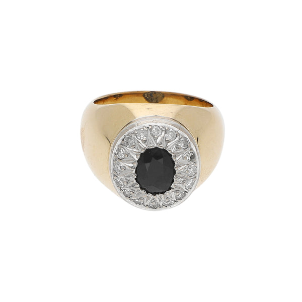 Anillo diseño especial con diamantes y zafiro en oro dos tonos 12 kilates.