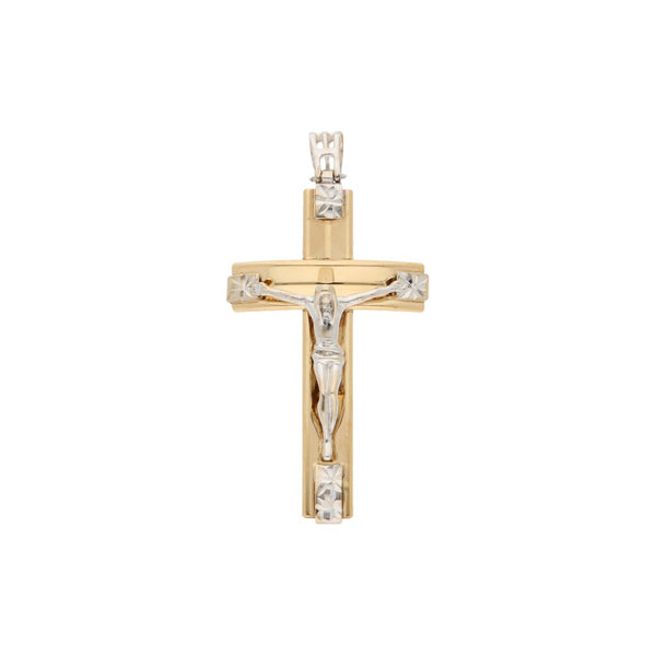 Crucifijo diseño especial en oro dos tonos 14 kilates.