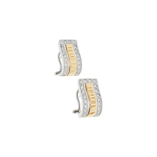 Aretes diseño especial motivo números romanos con sintéticos en oro dos tonos 14 kilates.