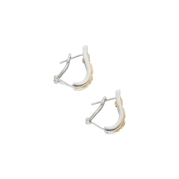Aretes diseño especial motivo números romanos con sintéticos en oro dos tonos 14 kilates.