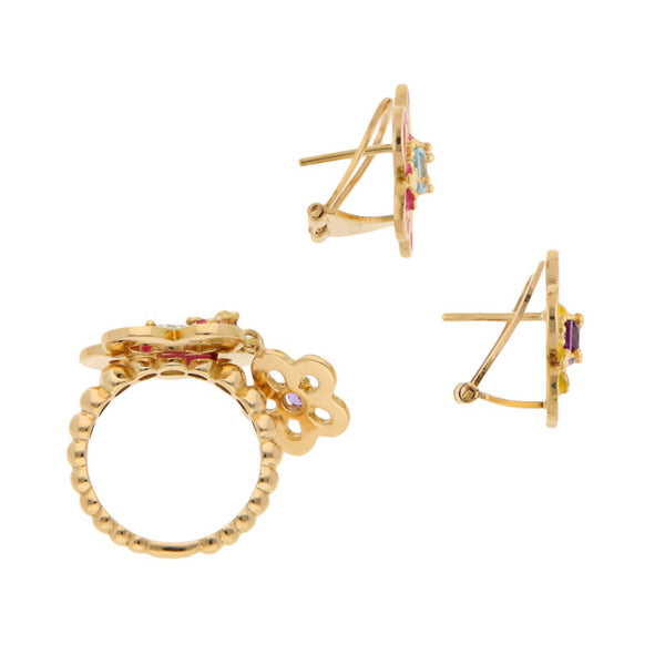Juego de anillo y aretes diseño especial con aguamarinas y esmalte motivo flor firma Tous en oro amarillo 18 kilates.