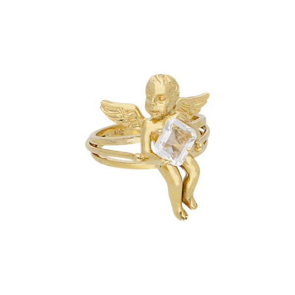Anillo diseño especial motivo ángel con circonia en oro amarillo 14 kilates.