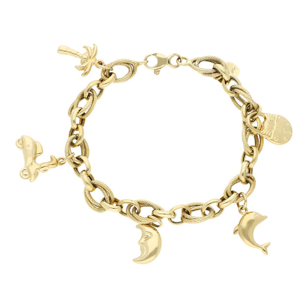 Pulsera eslabón cruzado con colgantes motivo diferentes figuras en oro amarillo 14 kilates.