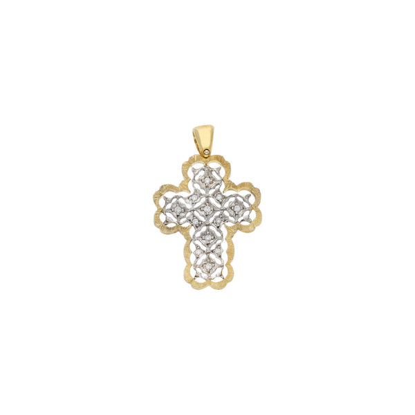 Cruz calada con diamantes en oro dos tonos 18 kilates.
