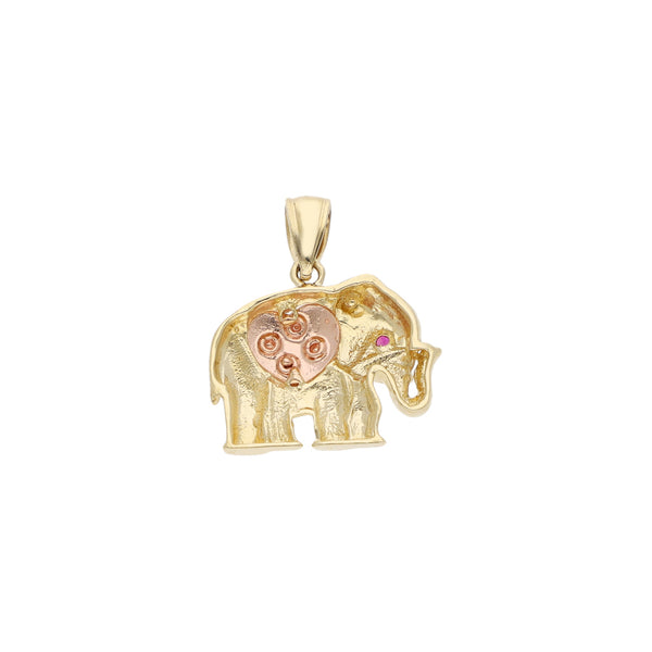 Dije diseño especial motivo elefante con sintético en oro dos tonos 14 kilates.