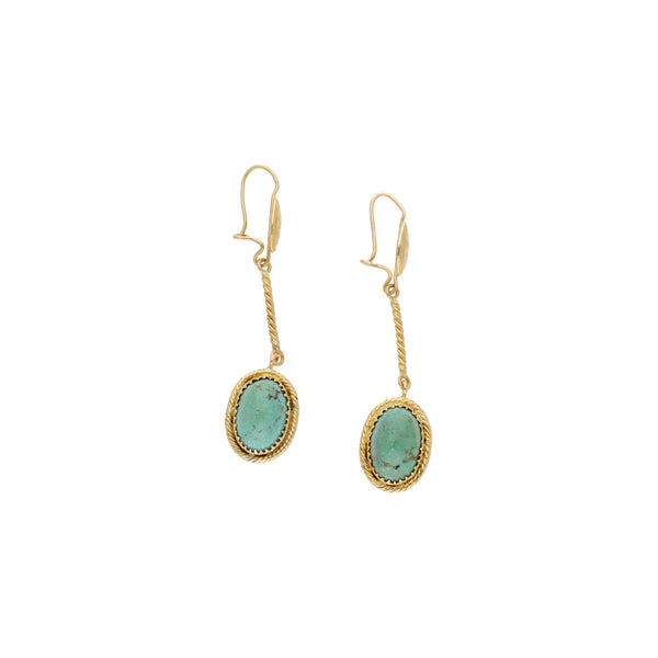 Aretes diseño especial con colgantes de turquesas en oro amarillo 18 kilates.