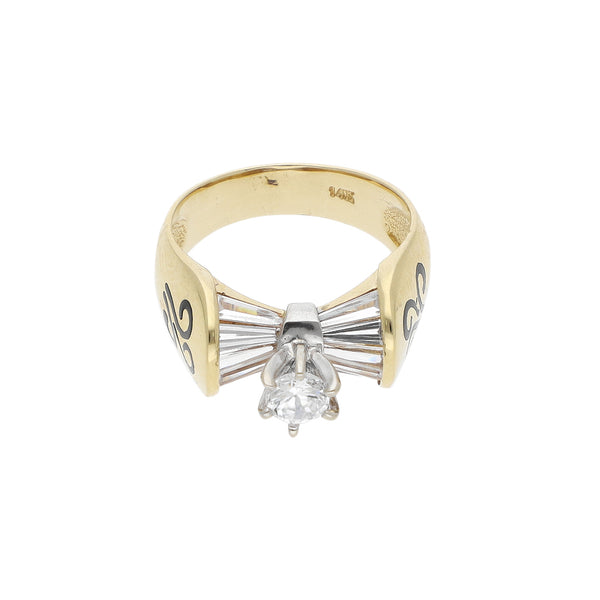 Anillo diseño especial con sintéticos y esmalte en oro amarillo 14 kilates.