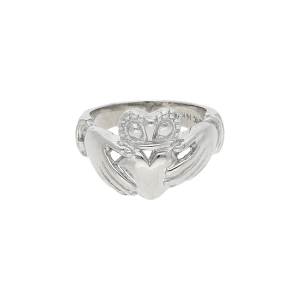 Anillo diseño especial motivo manos con corazón en oro blanco 14 kilates.