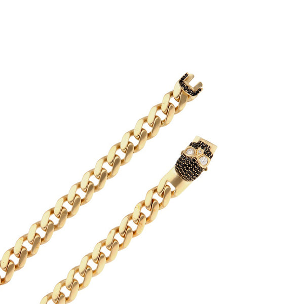 Collar eslabón encontrado con aplicación motivo cráneo y sintéticos en oro amarillo 14 kilates
