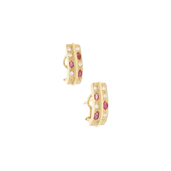 Aretes diseño especial con rubies y sintéticos en oro amarillo 12 kilates.