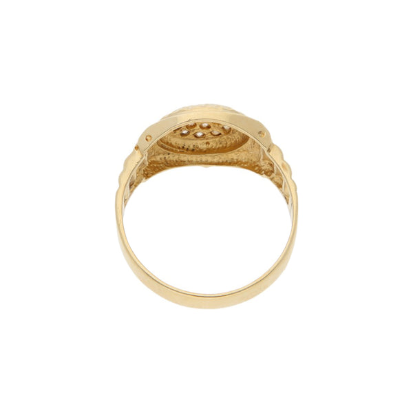 Anillo diseño especial con sintéticos en oro amarillo 14 kilates.