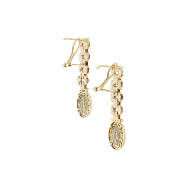 Aretes diseño especial con colgantes motivo moneda en oro amarillo 14 kilates.