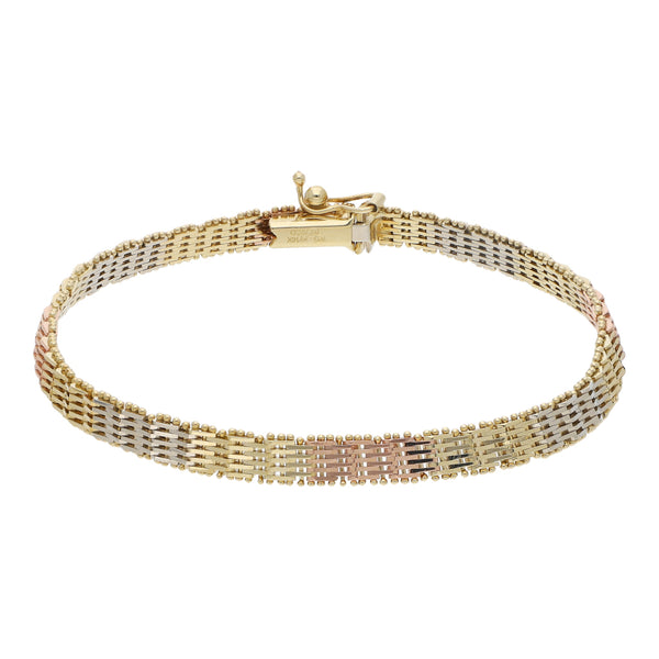 Pulsera eslabón boleado en oro tres tonos 14 kilates.