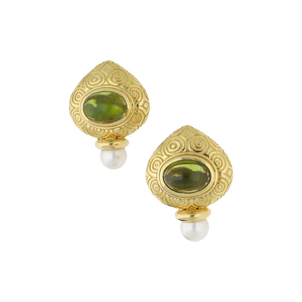 Aretes labrados con perla y sintético en oro amarillo 18 kilates.