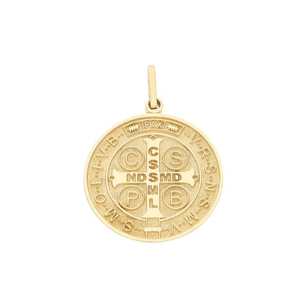 Medalla labrada motivo San Benito en oro amarillo 14 kilates.